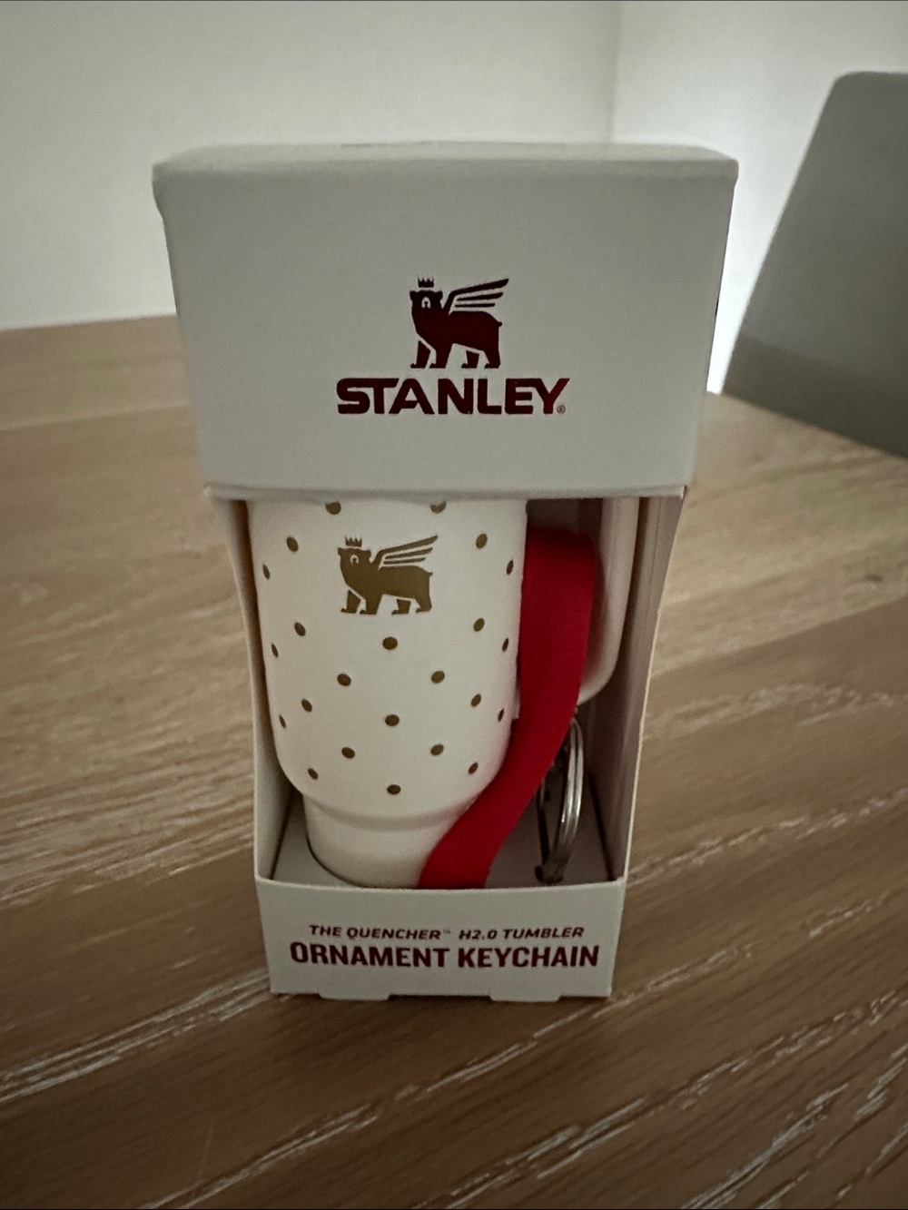 Stanley White and Gold Ornament Keychain with Red Strap